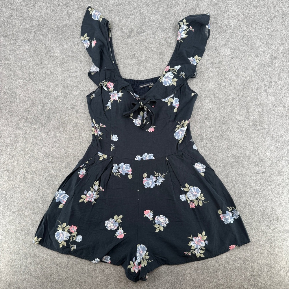 Abercrombie & Fitch Romper Women S Black Floral Ruffle Tie Front EUC